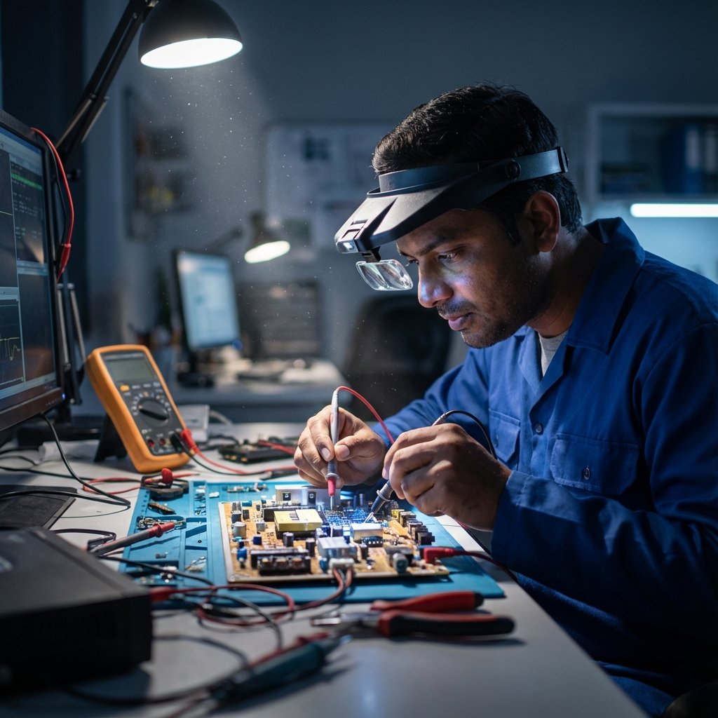 technician tv image TV technician repairing VU LED TV